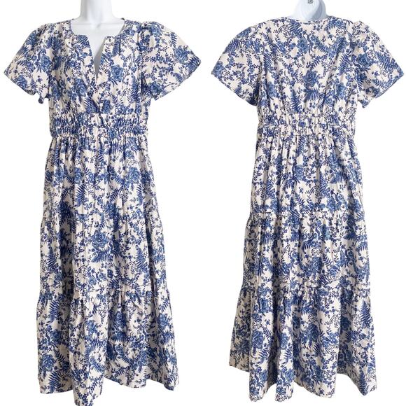 NWT Anthropologie Somerset Maxi in Ivory Blue Fern Floral Tiered Cotton Dress LP - Picture 1 of 6